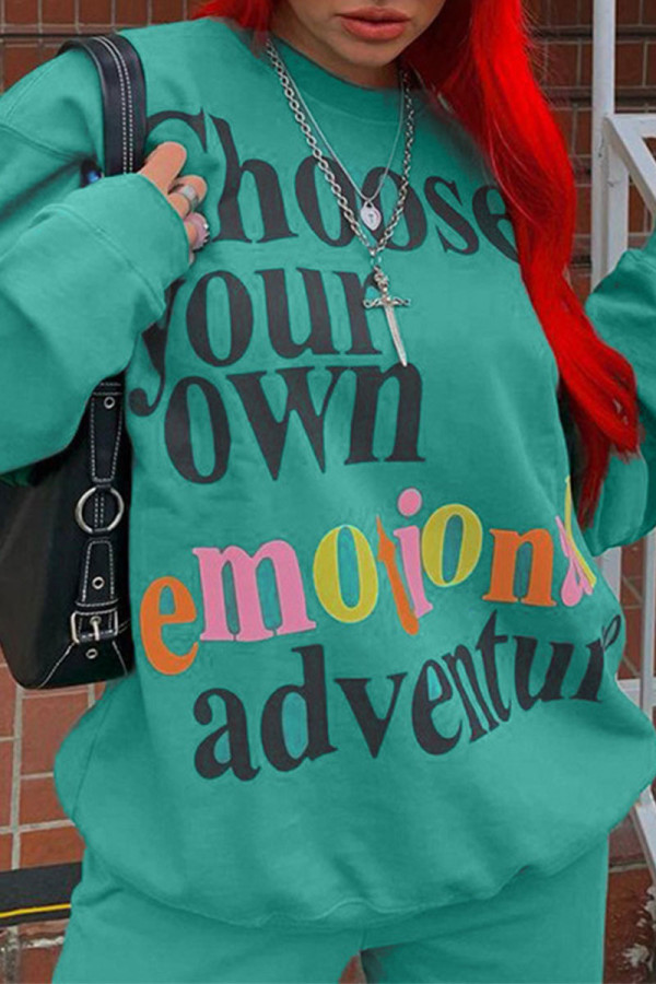 Fluorescent Green Casual Street Letter Print O Neck Long Sleeve Two Pieces