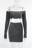 Dark Gray Sexy Casual Solid Backless Off the Shoulder Long Sleeve Two Pieces
