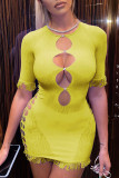 Red Print Tassel Hollowed Out Patchwork O Neck Pencil Skirt Dresses