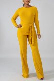 Earth Yellow Casual Solid Bandage Split Joint O Neck Long Sleeve Two Pieces