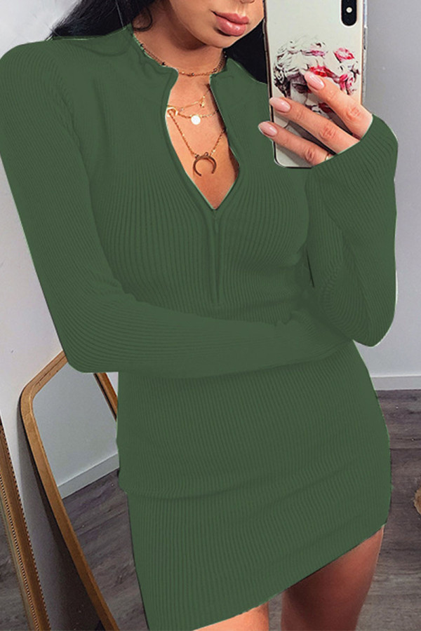 Army Green Casual Solid Patchwork Zipper Collar Pencil Skirt Dresses