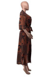 Brown Fashion Casual Print With Belt V Neck Outerwear