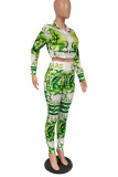 Green Casual Print Split Joint Zipper Collar Long Sleeve Two Pieces