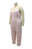 Pink Sexy Solid Tassel Split Joint Backless Spaghetti Strap Plus Size Jumpsuits