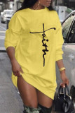 White Casual Print Patchwork O Neck Long Sleeve Dresses