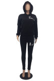 Black Fashion Casual Letter Print Basic Hooded Collar Long Sleeve Two Pieces