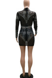 Black Sexy Solid Patchwork See-through Hot Drill O Neck A Line Dresses