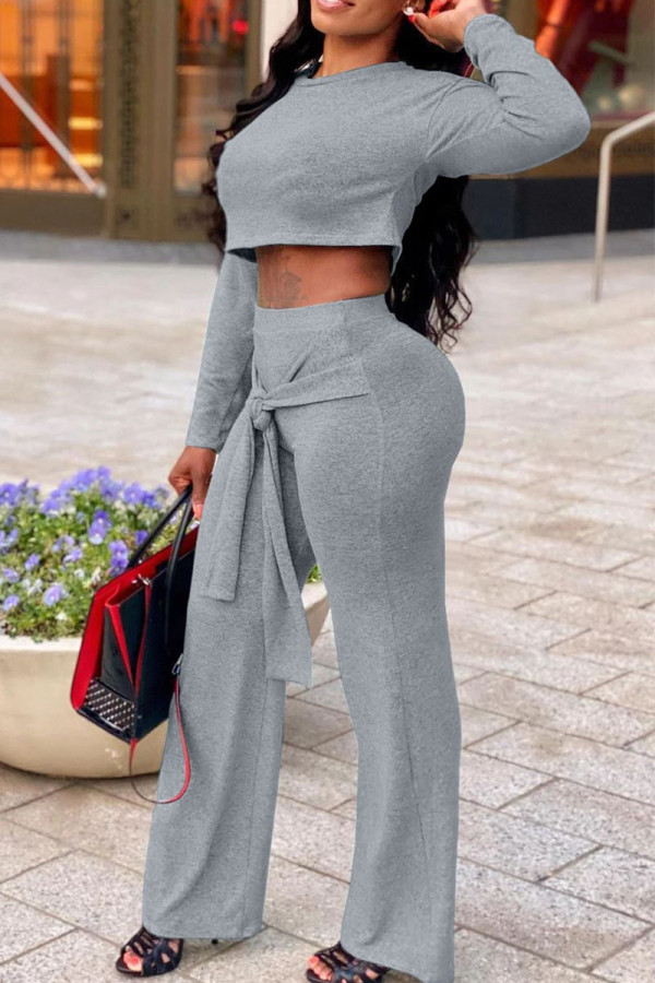 Grey Casual Solid Bandage Patchwork O Neck Long Sleeve Two Pieces
