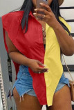 Red Yellow Sexy Print Hollowed Out Patchwork Buckle Asymmetrical Turndown Collar Tops