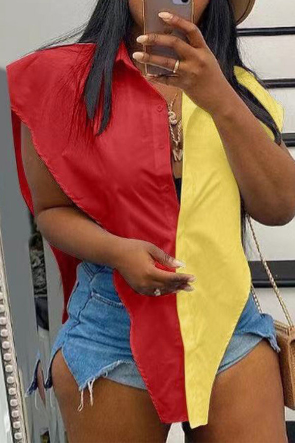 Red Yellow Sexy Print Hollowed Out Patchwork Buckle Asymmetrical Turndown Collar Tops