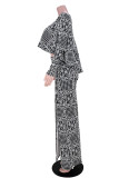 Black Fashion Casual Print Slit O Neck Long Sleeve Two Pieces