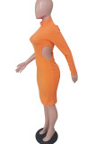 Tangerine Sexy Solid Hollowed Out Split Joint Half A Turtleneck One Step Skirt Dresses