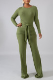 Green Casual Solid Bandage Split Joint O Neck Long Sleeve Two Pieces