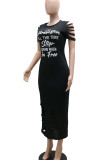 Black Casual Print Ripped Patchwork O Neck Dresses