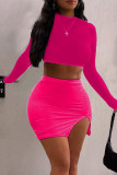 Rose Red Sexy Solid Patchwork O Neck Long Sleeve Two Pieces