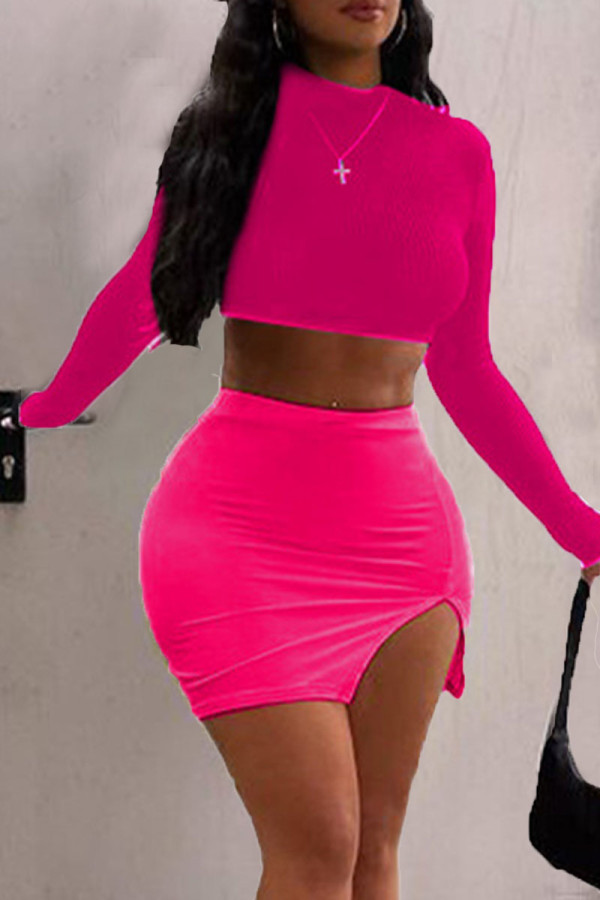 Rose Red Sexy Solid Patchwork O Neck Long Sleeve Two Pieces