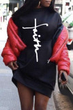 White Casual Print Patchwork O Neck Long Sleeve Dresses
