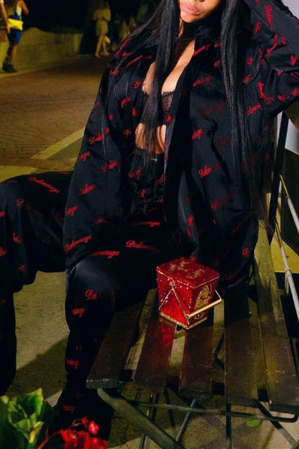 Black Fashion Casual Letter Print Cardigan Turndown Collar Long Sleeve Two Pieces
