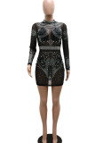 Black Sexy Solid Patchwork See-through Hot Drill O Neck A Line Dresses