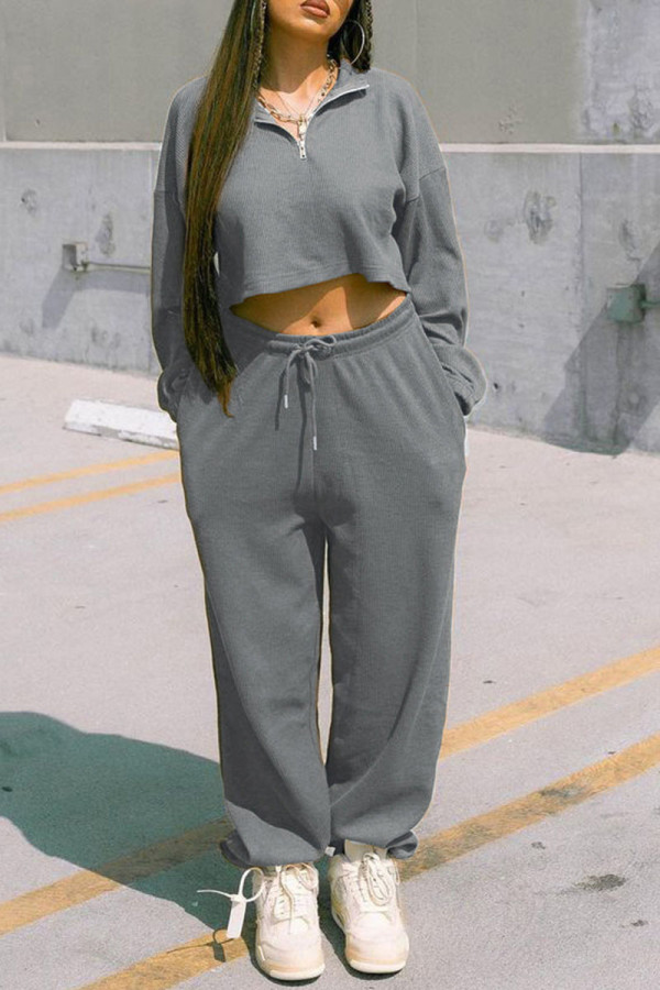 Grey Casual Solid Patchwork Zipper Collar Long Sleeve Two Pieces