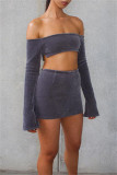 Dark Gray Sexy Casual Solid Backless Off the Shoulder Long Sleeve Two Pieces