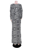 Black Fashion Casual Print Slit O Neck Long Sleeve Two Pieces