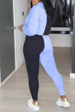 Blue Yellow Fashion Casual Patchwork Basic Turndown Collar Long Sleeve Two Pieces
