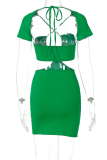 Green Sexy Solid Hollowed Out Halter Pencil Skirt Dresses