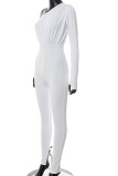 White Sexy Solid Patchwork Oblique Collar Skinny Jumpsuits