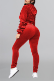 Red Casual Solid Patchwork Hooded Collar Long Sleeve Two Pieces