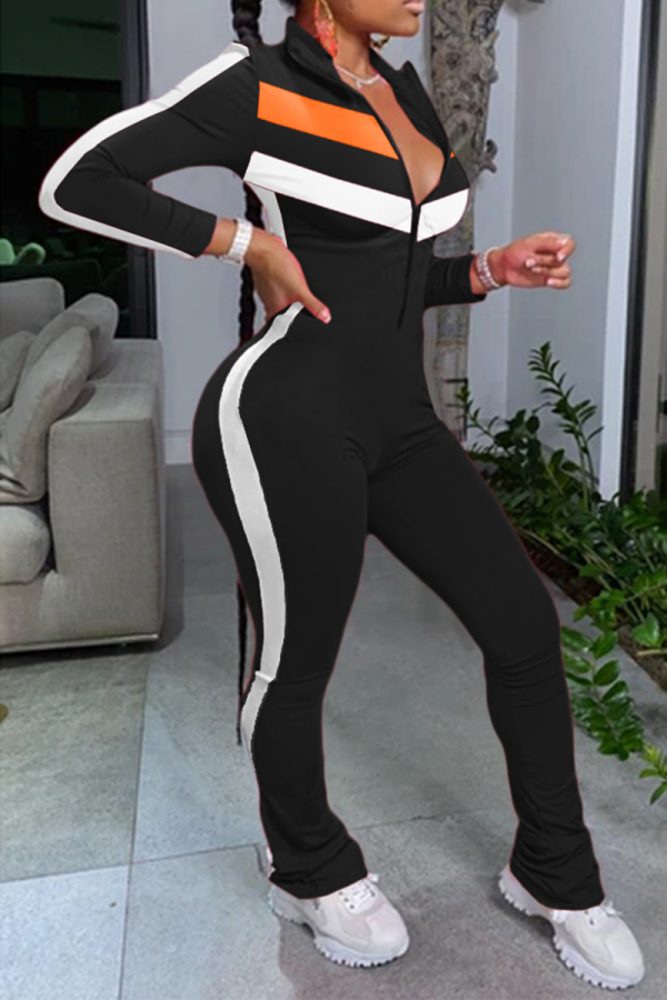 Black Sexy Solid Patchwork Turndown Collar Skinny Jumpsuits