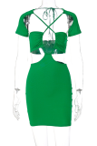 Green Sexy Solid Hollowed Out Halter Pencil Skirt Dresses