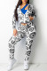 Grey Fashion Casual Print Patchwork Zipper Collar Long Sleeve Two Pieces