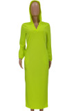 Fluorescent Green Fashion Casual Solid Ripped Hooded Collar One Step Skirt Dresses