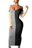 Black Fashion Adult Patchwork Print Split Joint Bateau Neck Long Sleeve Ankle Length Pencil Skirt Dresses