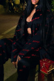 Black Fashion Casual Letter Print Cardigan Turndown Collar Long Sleeve Two Pieces