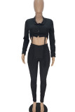 Black Sexy Solid Patchwork Buckle Fold O Neck Long Sleeve Two Pieces