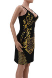 Black Sexy Casual Print Backless V Neck Sling Dress