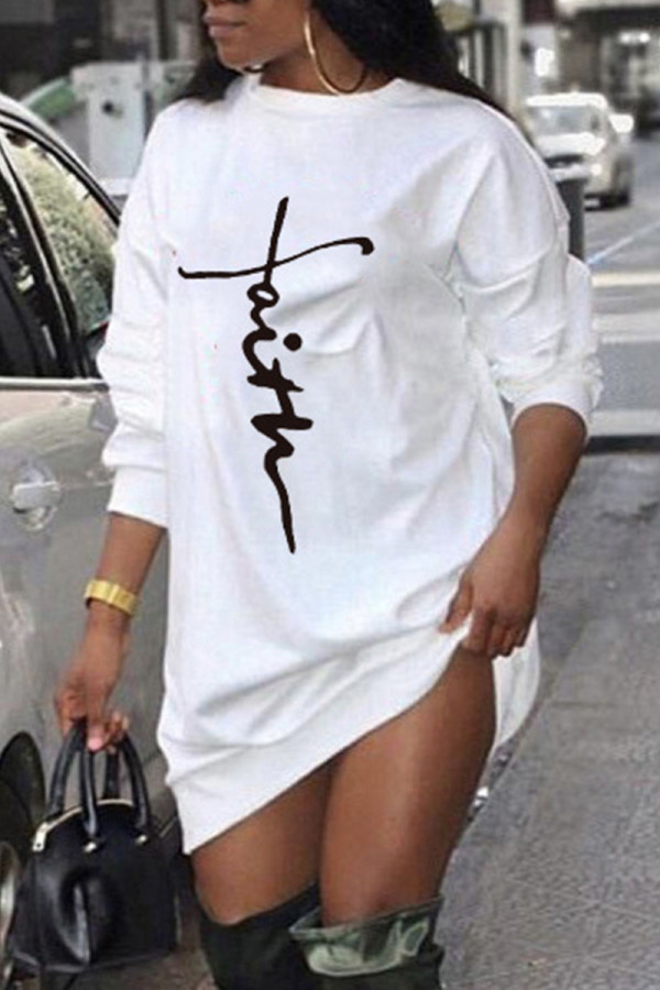 White Casual Print Patchwork O Neck Long Sleeve Dresses