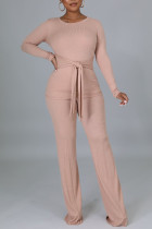 Pink Casual Solid Bandage Split Joint O Neck Long Sleeve Two Pieces