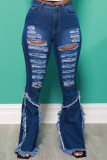 Baby Blue Street Solid Ripped Split Joint High Waist Boot Cut Denim Jeans