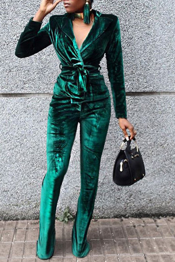 Green Casual Solid Patchwork Turn-back Collar Long Sleeve Two Pieces