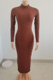 Coffee Sexy Solid Split Joint Backless Half A Turtleneck One Step Skirt Dresses