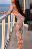 Multicolor Sexy Casual Print Hollowed Out Half A Turtleneck Long Sleeve Two Pieces