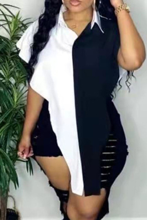 Black White Sexy Print Hollowed Out Patchwork Buckle Asymmetrical Turndown Collar Tops