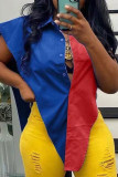 Red Yellow Sexy Print Hollowed Out Patchwork Buckle Asymmetrical Turndown Collar Tops