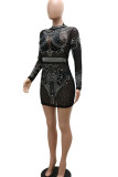 Black Sexy Solid Patchwork See-through Hot Drill O Neck A Line Dresses
