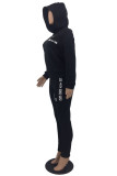 Black Fashion Casual Letter Print Basic Hooded Collar Long Sleeve Two Pieces