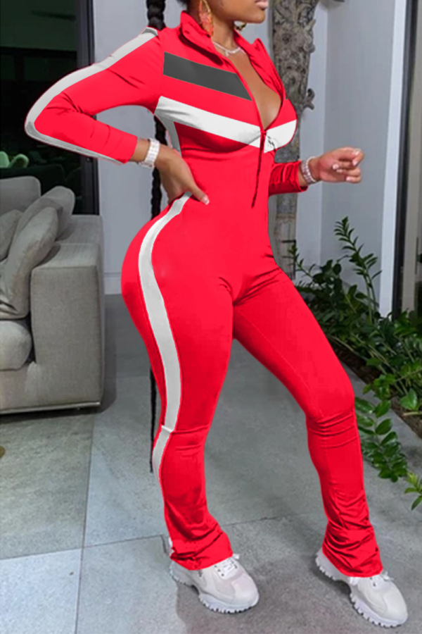 Red Sexy Solid Patchwork Turndown Collar Skinny Jumpsuits