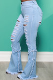 Dark Blue Street Solid Ripped Split Joint High Waist Boot Cut Denim Jeans